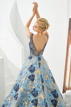 Ärmelloses Aline-Abendkleid mit V-Ausschnitt und Blumenmuster, bodenlanges Ballkleid