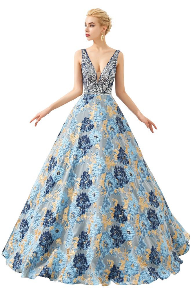 Ärmelloses Aline-Abendkleid mit V-Ausschnitt und Blumenmuster, bodenlanges Ballkleid
