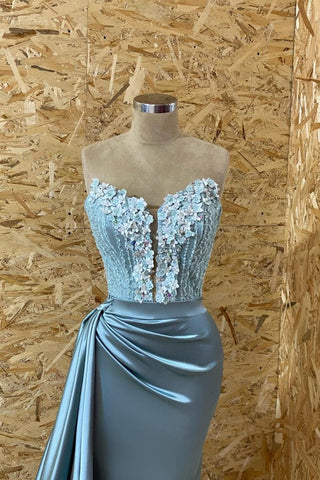 Long Satin Sleeveless Appliques Lace Mermaid Evening Dress with Split