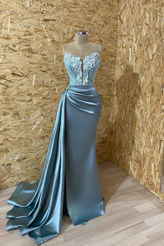 Long Satin Sleeveless Appliques Lace Mermaid Evening Dress with Split