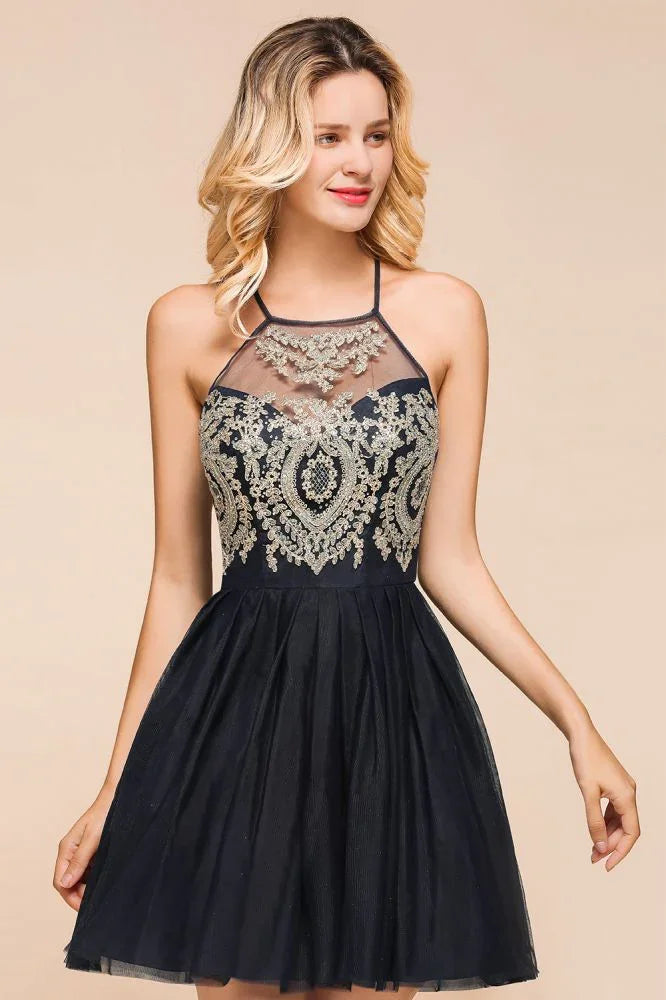 Ärmellos Applikationen Tüll Homecoming-Kleid Mini-Promkleid