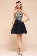 Ärmellos Applikationen Tüll Homecoming-Kleid Mini-Promkleid