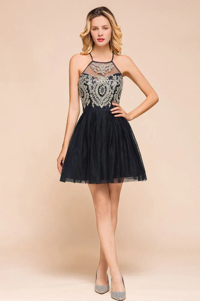 Ärmellos Applikationen Tüll Homecoming-Kleid Mini-Promkleid