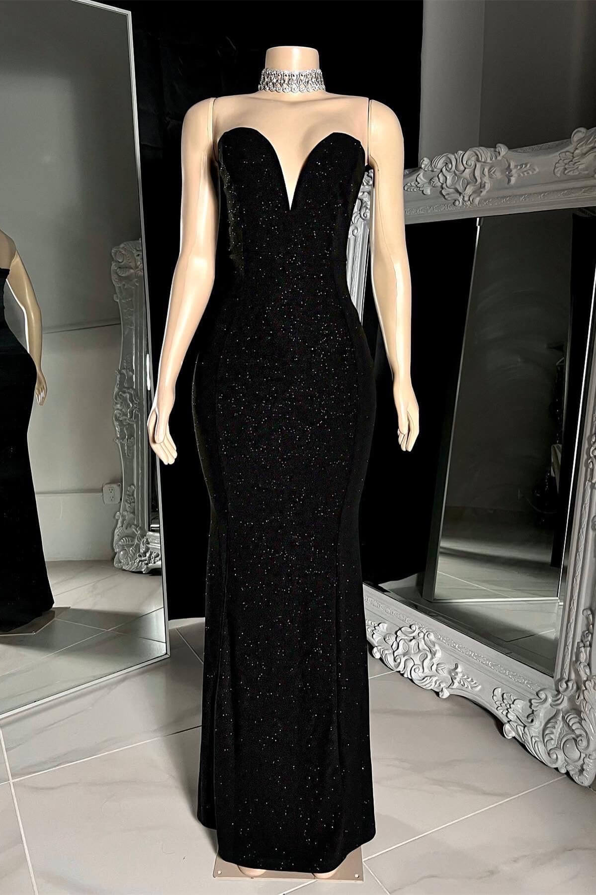 Long Sleeveless Black V Neck Mermaid Prom Dress Sequins Strapless