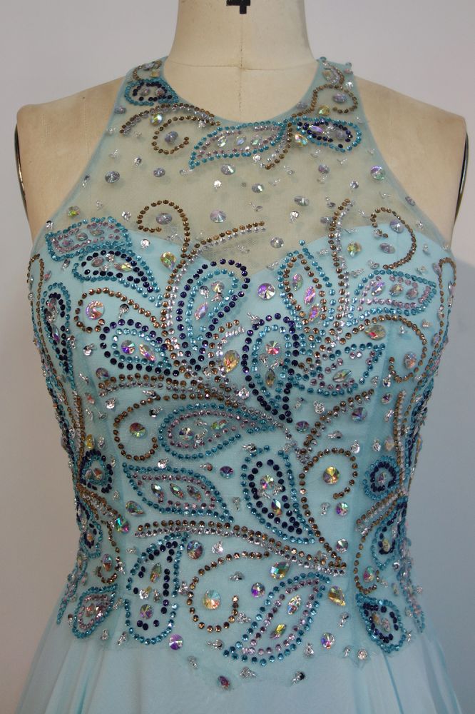 Ärmelloses Chiffon A-Linie Rundhals Langes Ballkleid mit Kristallen