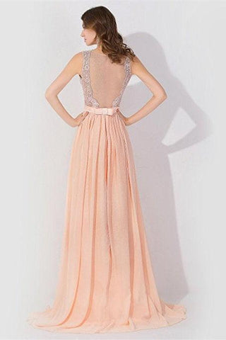 Ärmelloses Chiffon Abendkleid mit Perlenbesatz, Rundhalsausschnitt, A-Linie, Brautjungfernkleid