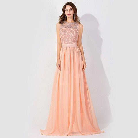 Ärmelloses Chiffon Abendkleid mit Perlenbesatz, Rundhalsausschnitt, A-Linie, Brautjungfernkleid