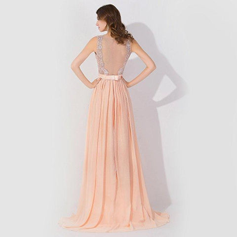 Ärmelloses Chiffon Abendkleid mit Perlenbesatz, Rundhalsausschnitt, A-Linie, Brautjungfernkleid