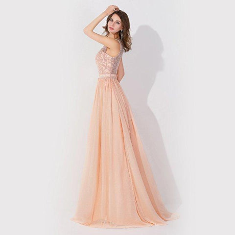 Ärmelloses Chiffon Abendkleid mit Perlenbesatz, Rundhalsausschnitt, A-Linie, Brautjungfernkleid