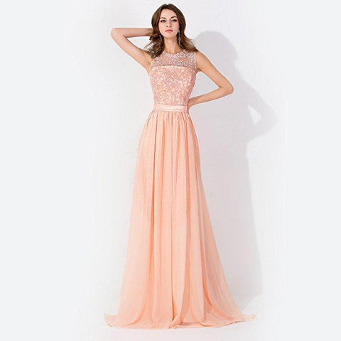 Ärmelloses Chiffon Abendkleid mit Perlenbesatz, Rundhalsausschnitt, A-Linie, Brautjungfernkleid