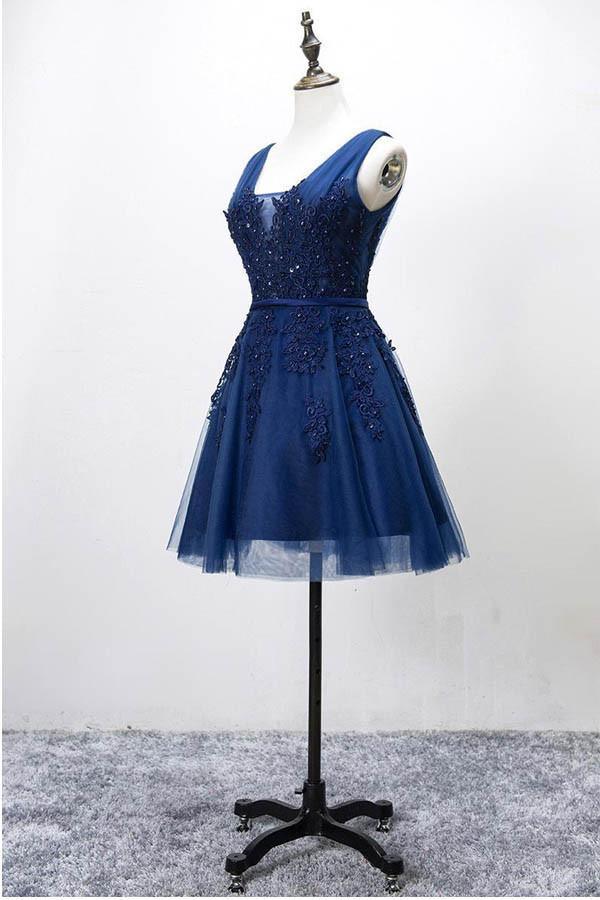 Ärmelloses Schnür-Tüll-Kurzes Heimkehrkleid Spitzenapplikationen PG098