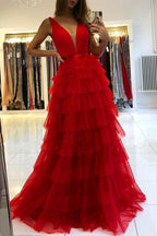 Long A-line Tulle Sleeveless Layered V-Neck Evening Dress