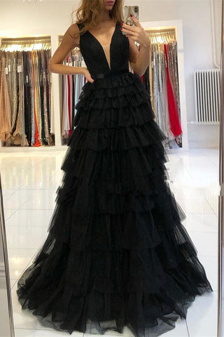 Long A-line Tulle Sleeveless Layered V-Neck Evening Dress