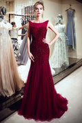 Robe de soirée bordeaux sans manches longue en tulle pailleté