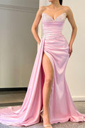 Vestido de Noche Sirena Sin Mangas en Satin con Escote Corazón y Abertura