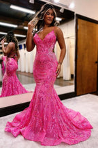 Sleeveless Pink Sequins Mermaid Long Prom Dress with Backless Spaghetti Straps