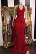 Vestidos de Noche Largos de Sirena Sin Mangas Rojo Corazón Dulce con Lentejuelas