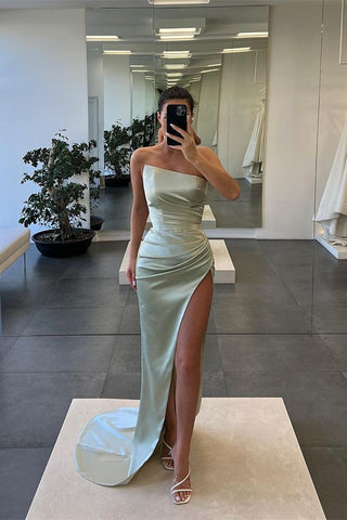 Red Sleeveless Strapless Long Mermaid Slit Evening Dress