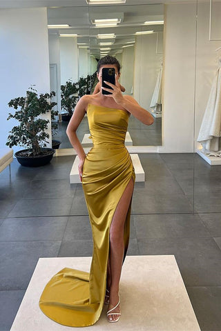 Red Sleeveless Strapless Long Mermaid Slit Evening Dress