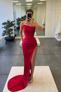 Vestido de Noche Largo Sin Mangas y Sin Tirantes Tipo Sirena con Abertura