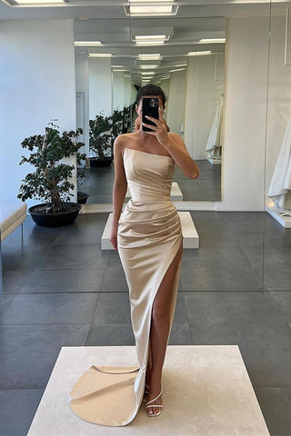 Red Sleeveless Strapless Long Mermaid Slit Evening Dress