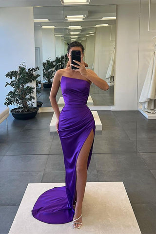 Red Sleeveless Strapless Long Mermaid Slit Evening Dress