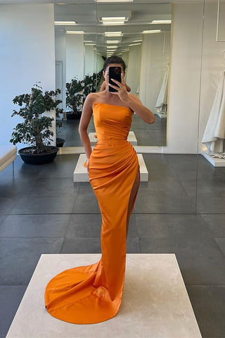 Red Sleeveless Strapless Long Mermaid Slit Evening Dress