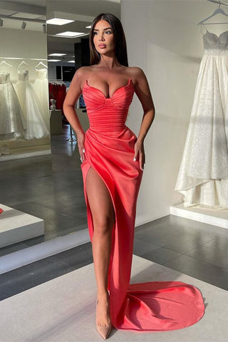 Sleeveless Sweetheart Long Mermaid Satin Prom Dress with Split
