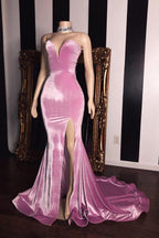 Long Velvet Sleeveless Sweetheart Mermaid Evening Dress with Slit