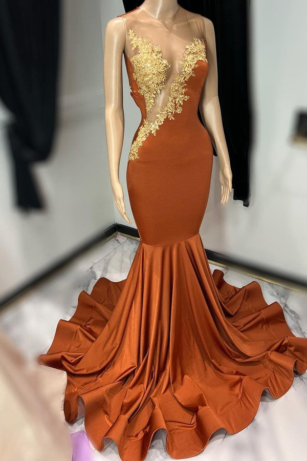Vestido de festa comprido castanho sereia, sem mangas, em tule, com aplicações de renda