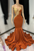 Vestido Largo de Gala Color Marrón Sirena de Tul sin Mangas con Aplicaciones de Encaje