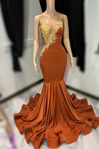 Sleeveless Tulle Mermaid Brown Long Prom Dress with Appliques Lace
