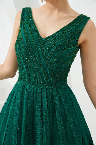 Vestido de festa sem mangas com decote em V e costas nuas