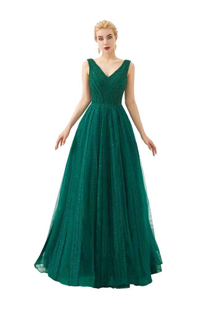 Ärmelloses A-Linien-Abendkleid mit V-Ausschnitt und rückenfreiem Partykleid