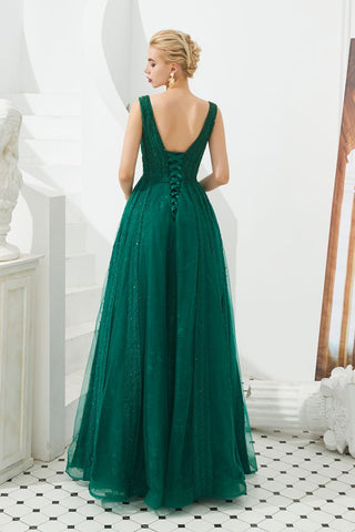 Vestido de festa sem mangas com decote em V e costas nuas