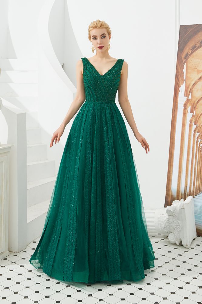 Ärmelloses A-Linien-Abendkleid mit V-Ausschnitt und rückenfreiem Partykleid