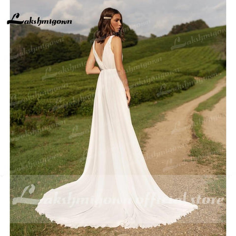 NumberSea Ärmelloses Brautkleid aus Chiffon mit V-Ausschnitt und hohem Schlitz und Falten