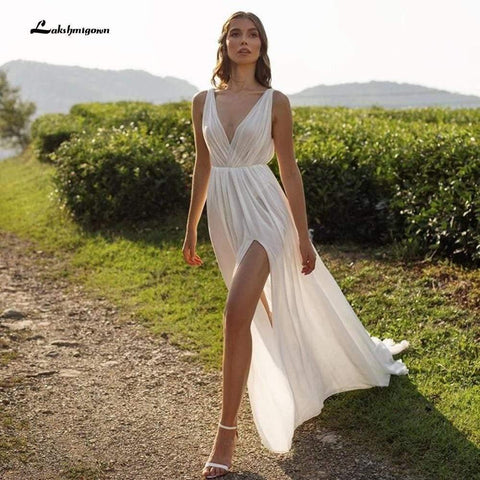 NumberSea Ärmelloses Brautkleid aus Chiffon mit V-Ausschnitt und hohem Schlitz und Falten