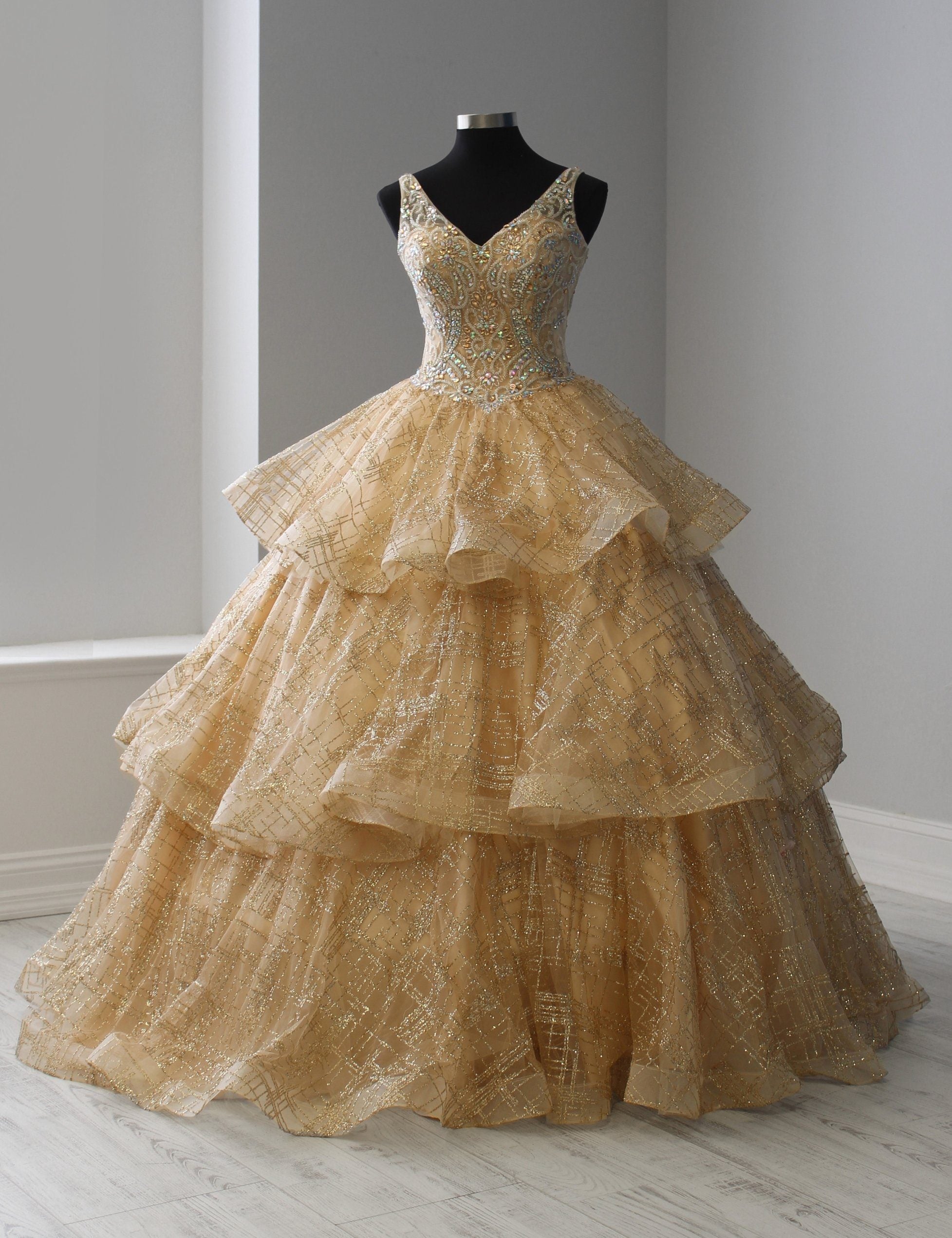 Sleeveless V-Neck Glitter Quinceanera Dress by House of Wu 26921