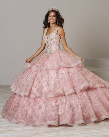 Ärmelloses Quinceanera-Kleid mit V-Ausschnitt und Glitzer von House of Wu 26921