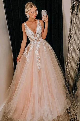 Sleeveless V-Neck Tulle Long A-line Lace Evening Dress