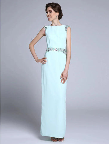 Etuikleid/Säulenkleid für die Brautmutter, elegant, U-Boot-Ausschnitt, knöchellang, Chiffon, ärmellos, mit Kristallen