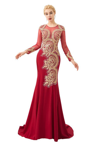 Schlanke lange Ärmel Goldapplikationen Meerjungfrau Abendkleider bodenlangen Event Partykleid
