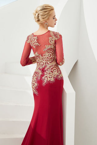 Schlanke lange Ärmel Goldapplikationen Meerjungfrau Abendkleider bodenlangen Event Partykleid