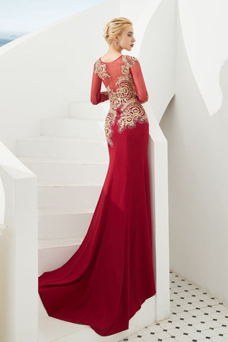Schlanke lange Ärmel Goldapplikationen Meerjungfrau Abendkleider bodenlangen Event Partykleid