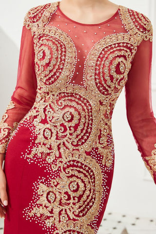 Schlanke lange Ärmel Goldapplikationen Meerjungfrau Abendkleider bodenlangen Event Partykleid