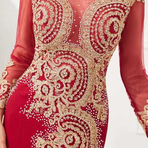Schlanke lange Ärmel Goldapplikationen Meerjungfrau Abendkleider bodenlangen Event Partykleid