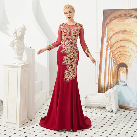 Schlanke lange Ärmel Goldapplikationen Meerjungfrau Abendkleider bodenlangen Event Partykleid