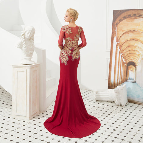 Schlanke lange Ärmel Goldapplikationen Meerjungfrau Abendkleider bodenlangen Event Partykleid