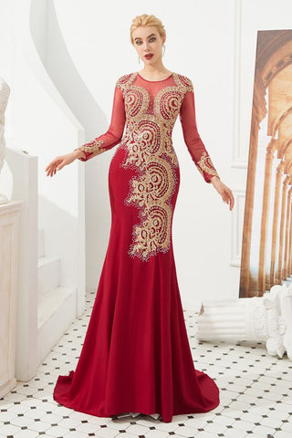 Schlanke lange Ärmel Goldapplikationen Meerjungfrau Abendkleider bodenlangen Event Partykleid